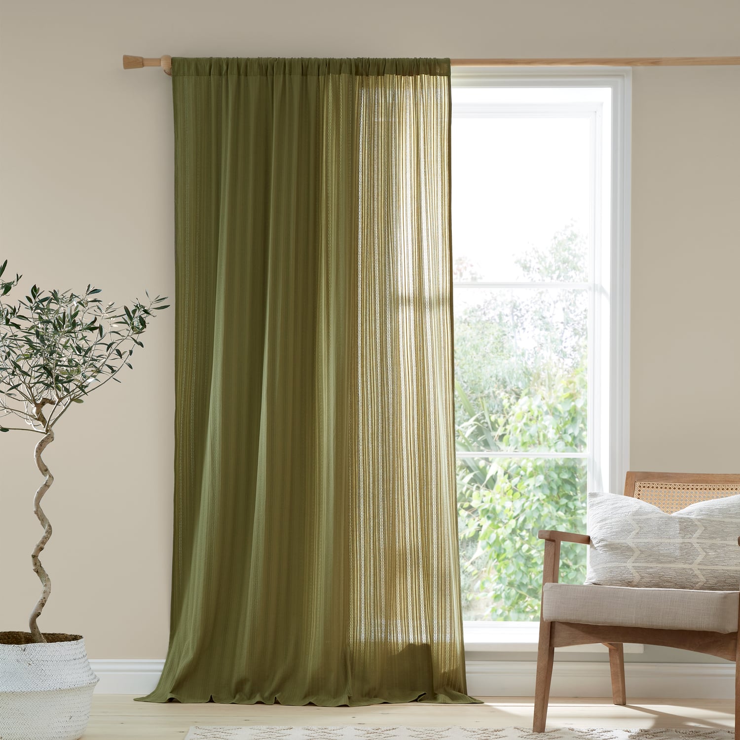 Pineapple Elephant Zofia Broderie Anglaise Voile Curtain Panel - Olive Jacquard