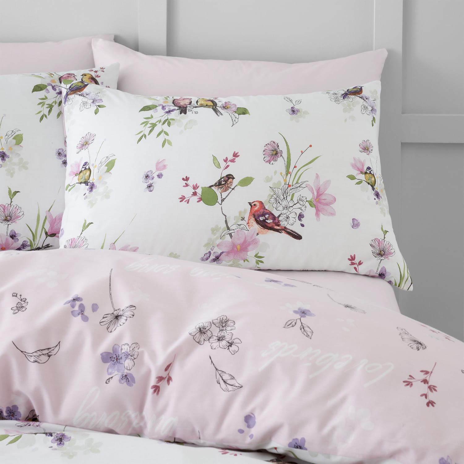 Catherine Lansfield Songbird Duvet Cover Set - Song Bird Pink White Duvet Set
