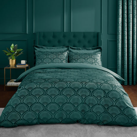 Catherine Lansfield Art Deco Pearl Geometric Duvet Cover Set - Teal - Art Deco Pearl Teal Duvet Set