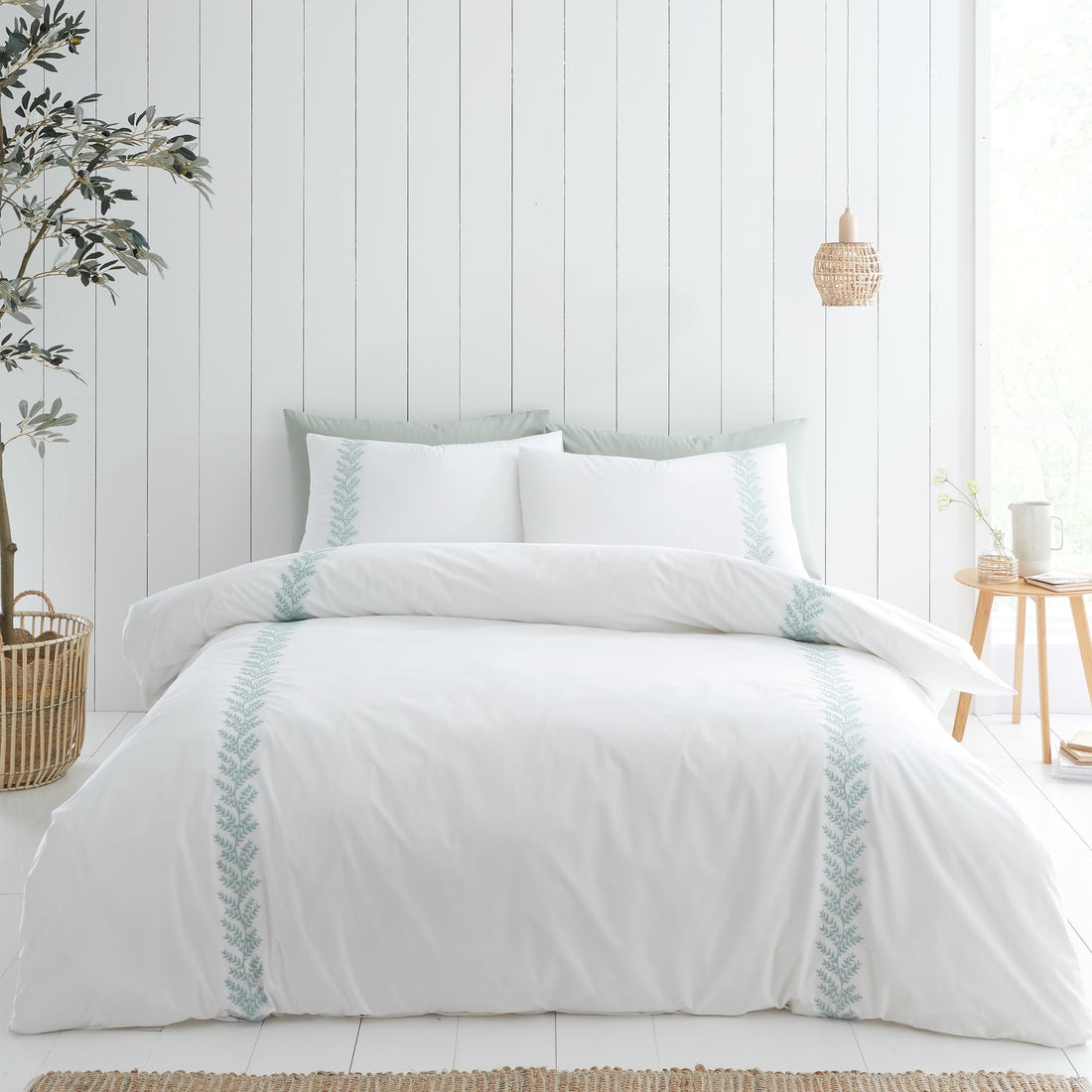 Bianca Embroidery Leaf Green 100% Cotton Duvet Cover Bedding Set