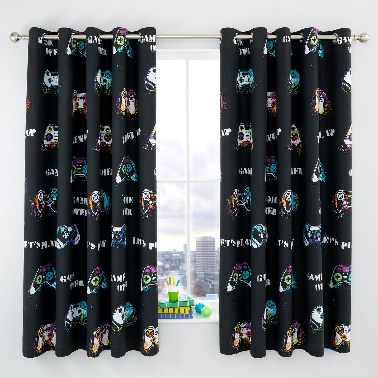Catherine Lansfield Game Over Kids Eyelet Curtains Polycotton - Game Over Curtains