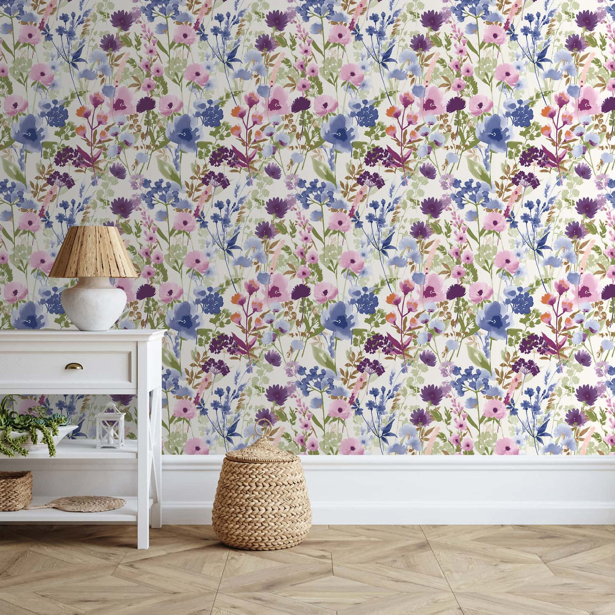 Catherine Lansfield Countryside Floral Blue Wallpaper - Countryside Floral Pink Blue Wallpaper