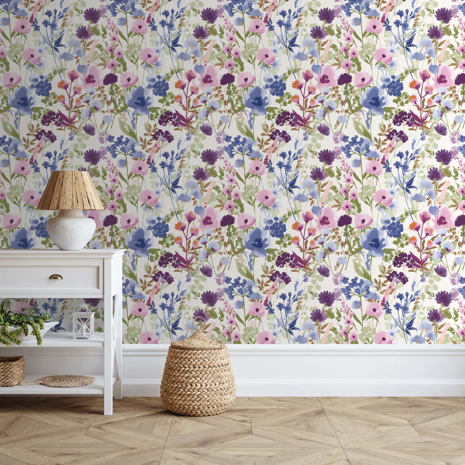 Catherine Lansfield Countryside Floral Blue Wallpaper - Countryside Floral Pink Blue Wallpaper