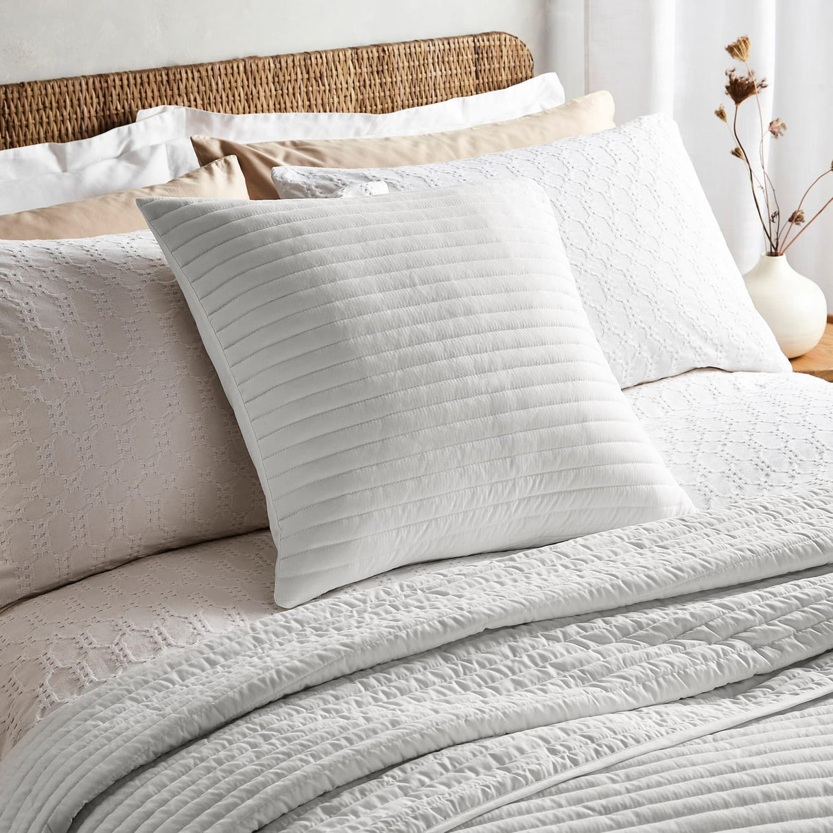 Bianca Quilted Lines Filled Cushion 55cm x 55cm - Quilted Lines Cushion White