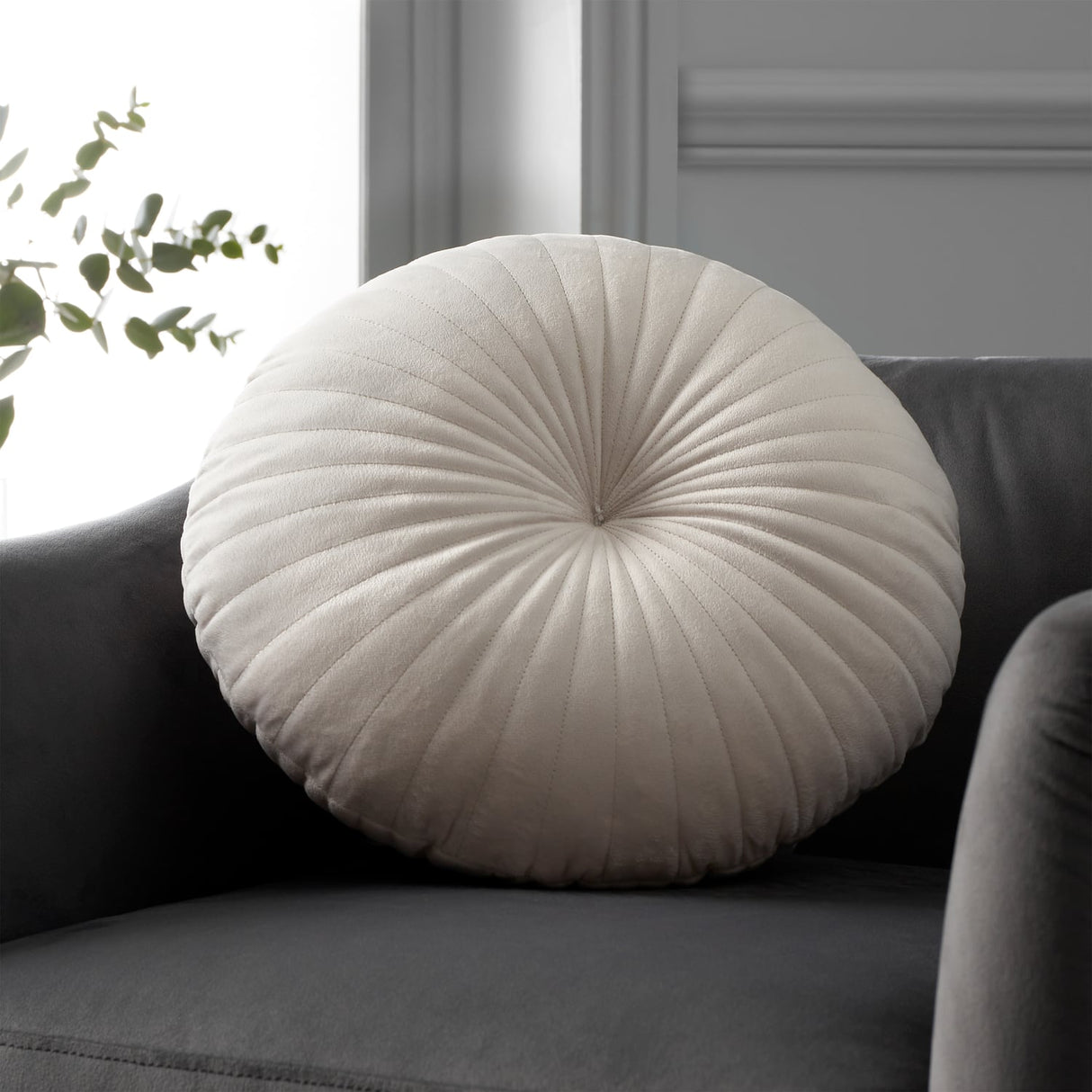 Catherine Lansfield Pleated Round Button Filled Cushion - Natural