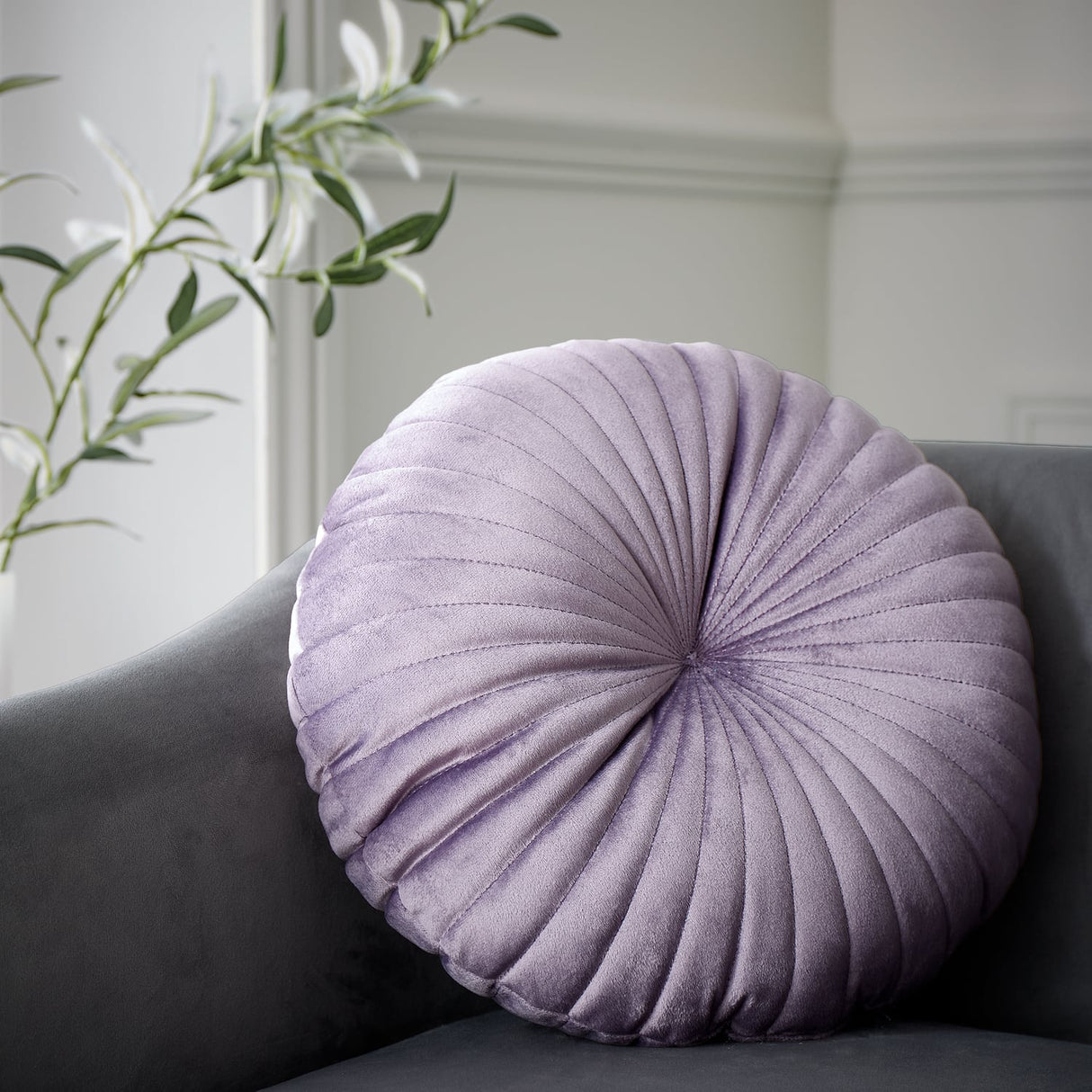 Catherine Lansfield Pleated Round Button Filled Cushion - Lilac