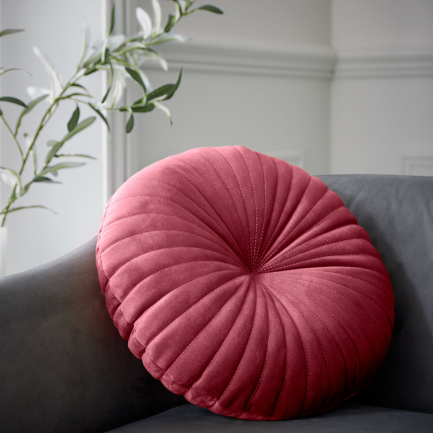 Catherine Lansfield Pleated Round Button Filled Cushion - Grey - Velvet Round Cushion Raspberry Cushion