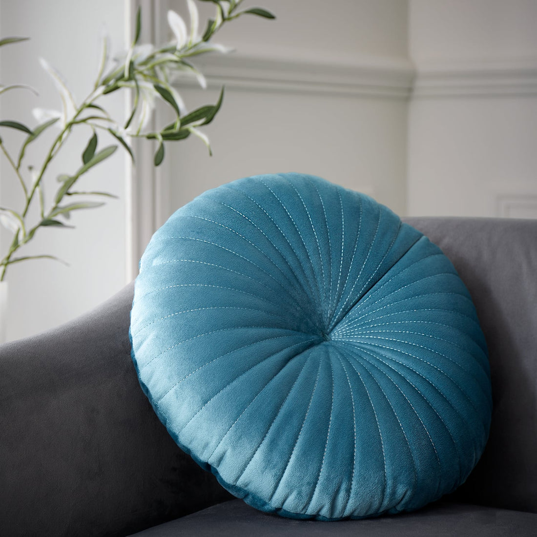 Catherine Lansfield Pleated Round Button Teal Filled Cushion