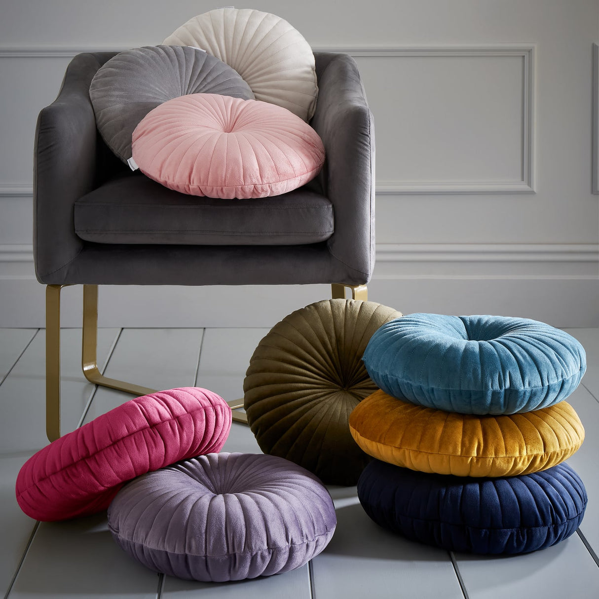 Catherine Lansfield Pleated Round Button Filled Cushion - Teal - Velvet Round Cushion Teal