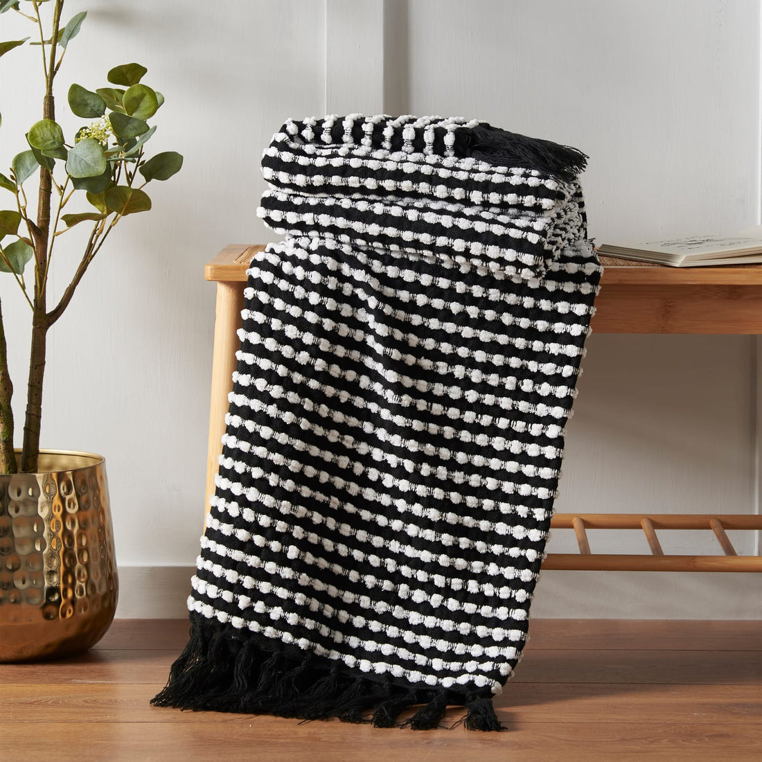 Catherine Lansfield Stab Stitch Black Throw Blanket 125cm x 150cm