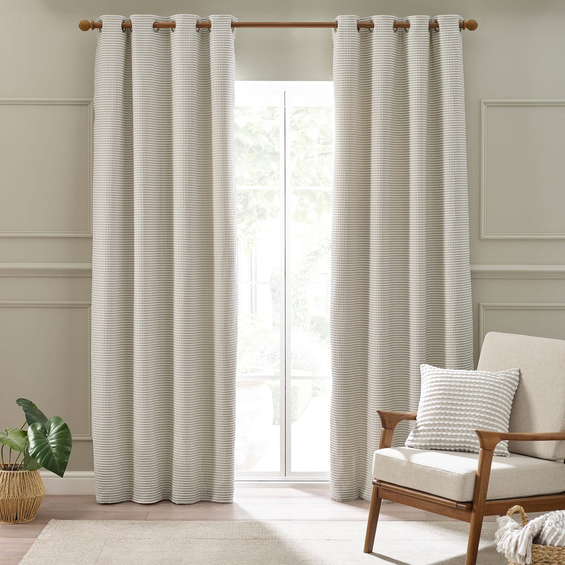 Catherine Lansfield Stab Stitch Lined Natural Eyelet Curtains