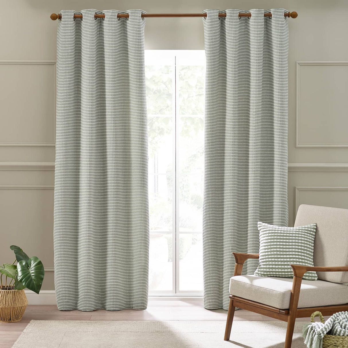 Catherine Lansfield Stab Stitch Natural Lined Eyelet Curtains - Sage Green - Stab Stitch Sage Green Curtains