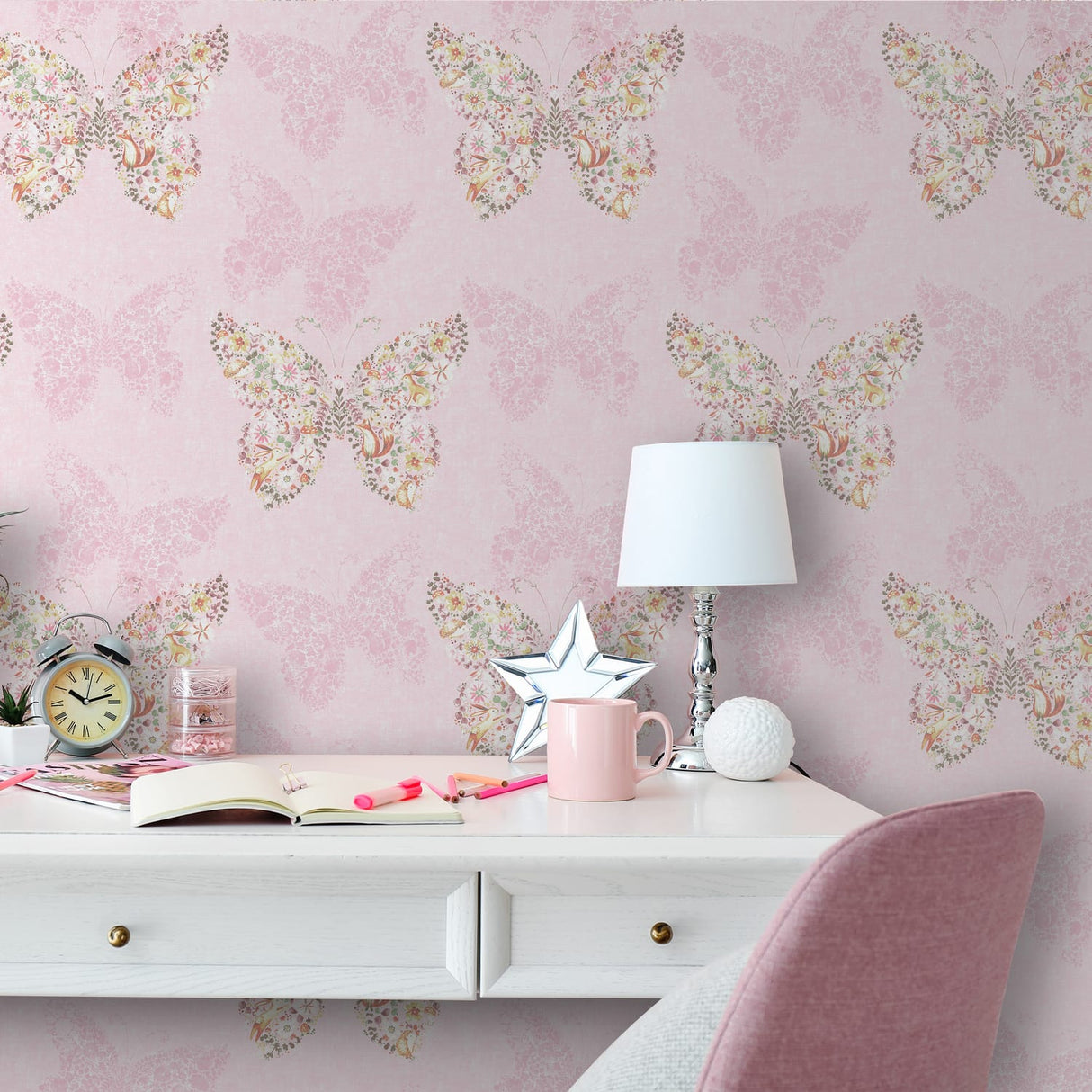 Catherine Lansfield Enchanted Butterfly Pink Wallpaper - Enchanted Butterfly Wallpaper