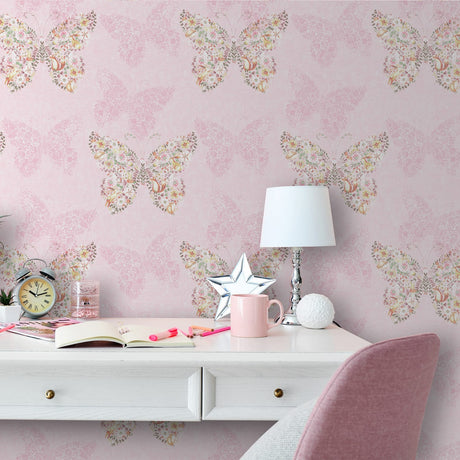 Catherine Lansfield Enchanted Butterfly Pink Wallpaper - Enchanted Butterfly Wallpaper