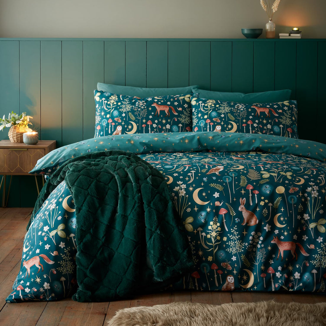 Catherine Lansfield Enchanted Twilight Animals Forest Green Duvet Cover Bedding Set
