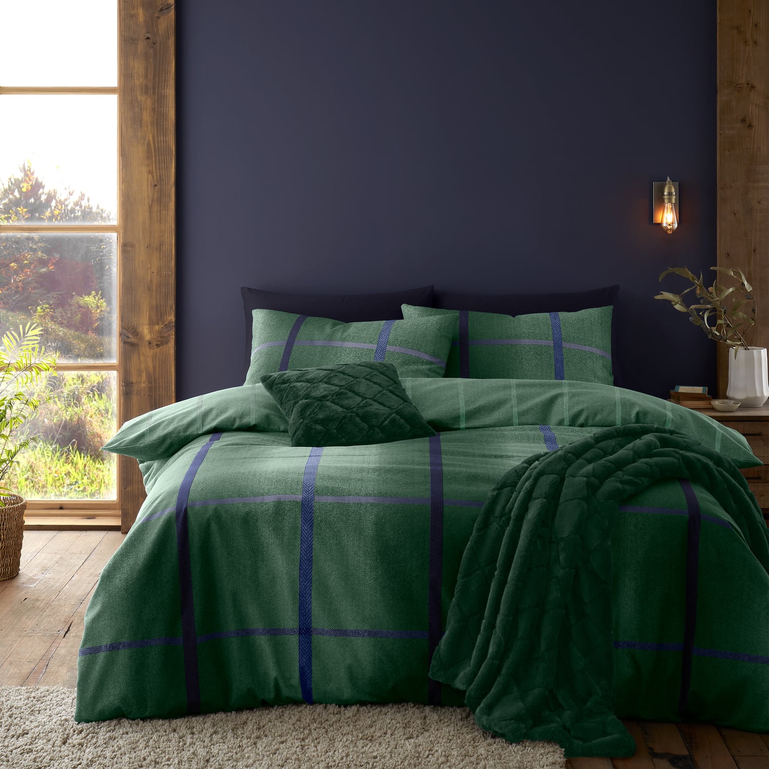 Catherine Lansfield Melrose Tweed Check Brushed Cotton Flannelette Duvet Cover - Green