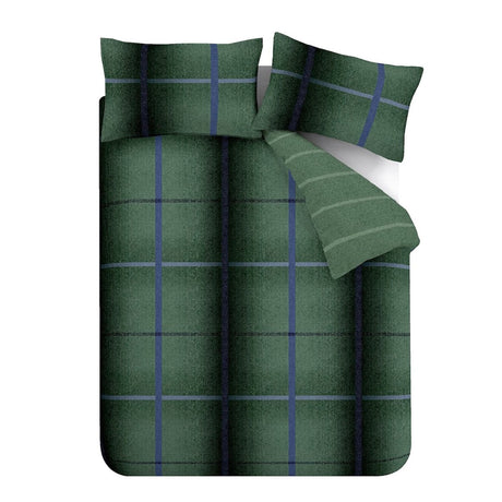 Catherine Lansfield Melrose Tweed Check Brushed Cotton Flannelette Duvet Cover - Green - Brushed Melrose Tweed Green Duvet Set