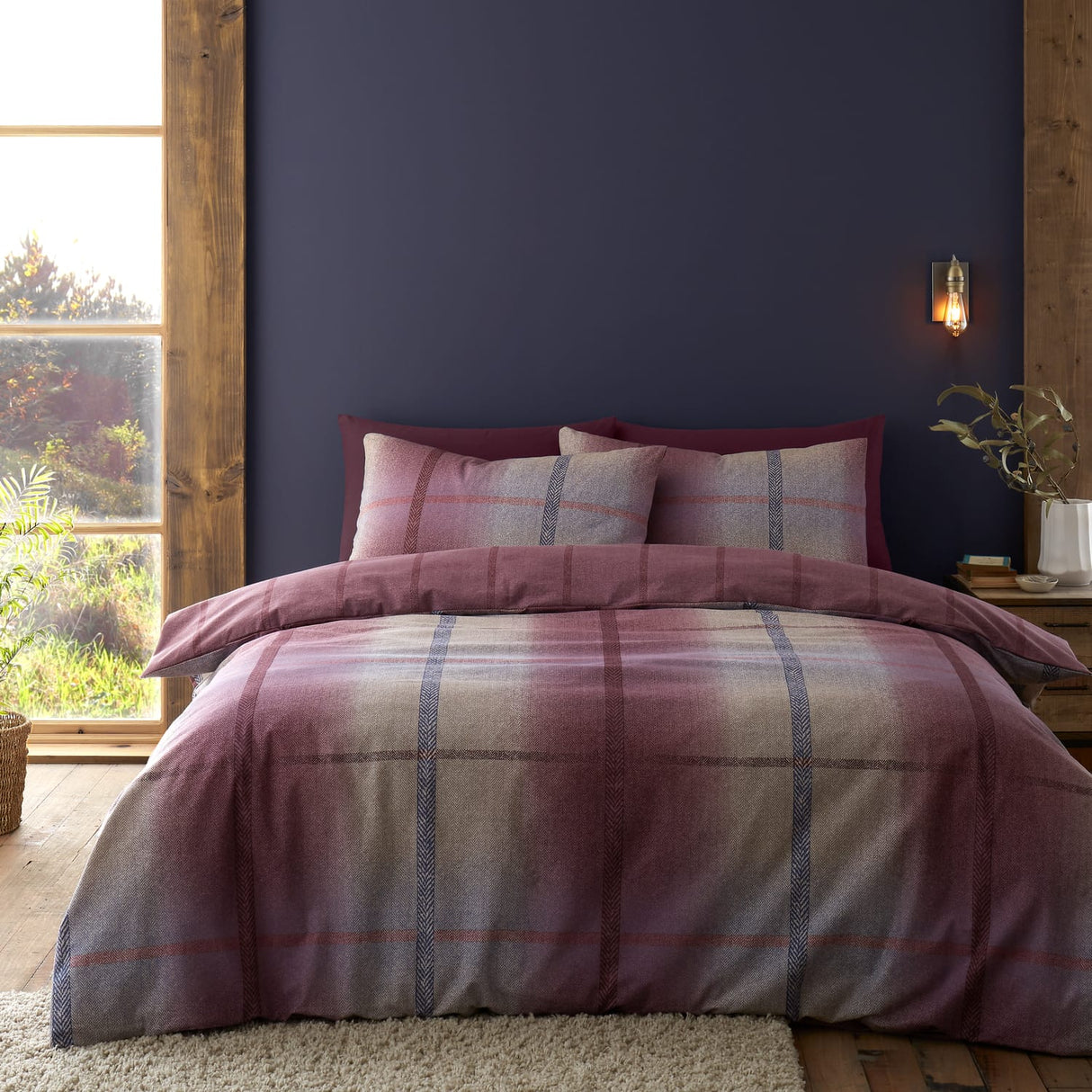Catherine Lansfield Melrose Tweed Check Brushed Cotton Flannelette Duvet Cover - Plum - Melrose Check Plum Duvet Set