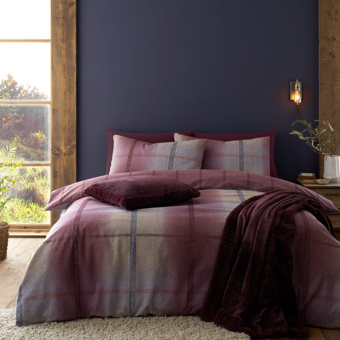 Catherine Lansfield Melrose Tweed Check Plum Brushed Cotton Flannelette Duvet Cover Bedding Set