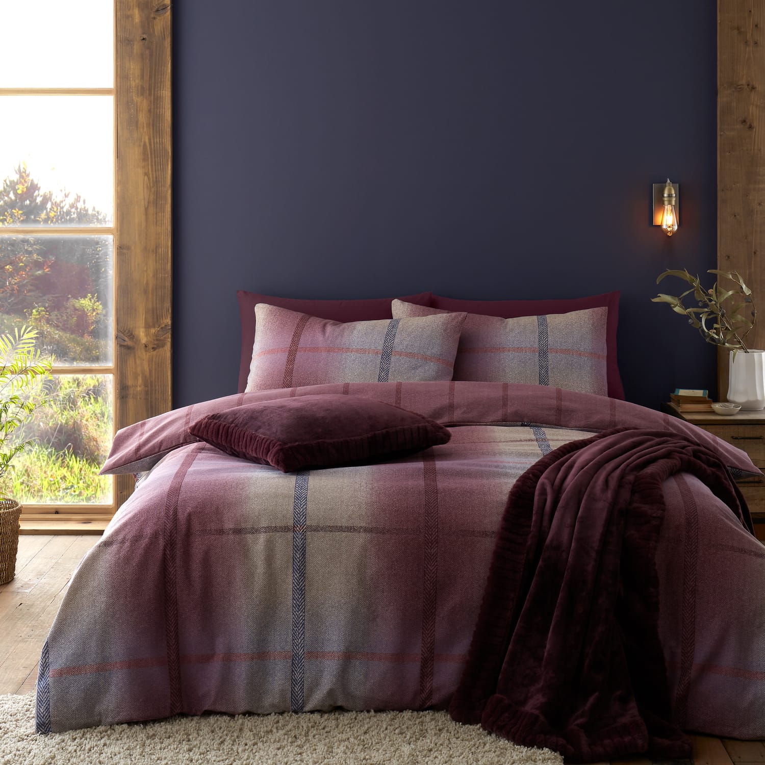 Catherine Lansfield Melrose Tweed Check Brushed Cotton Flannelette Duvet Cover - Plum