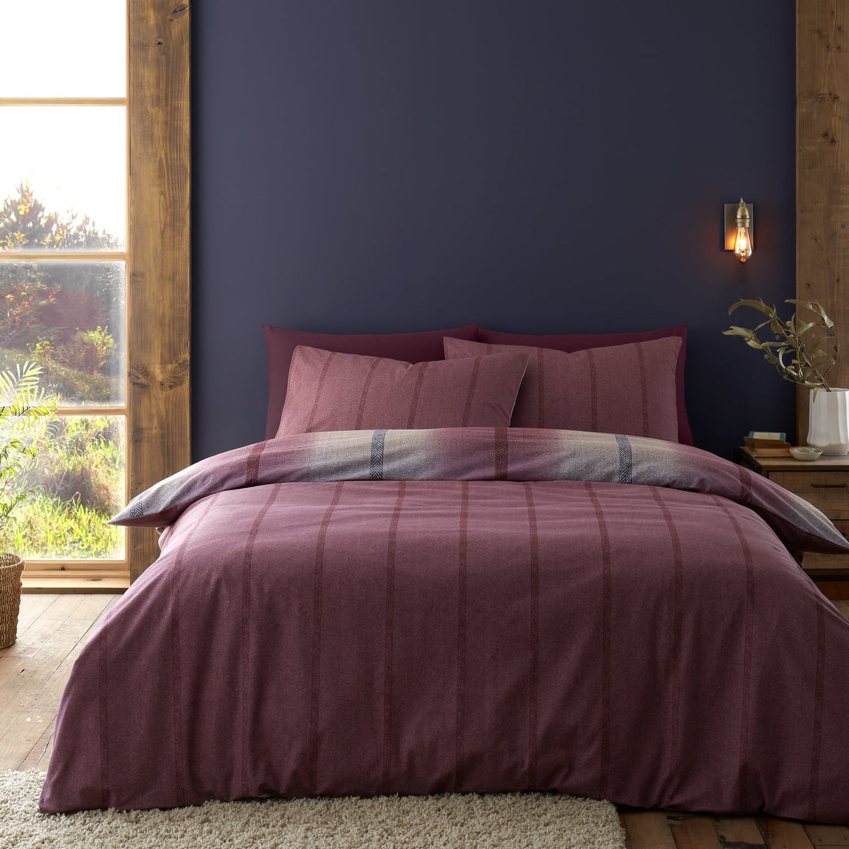 Catherine Lansfield Melrose Tweed Check Brushed Cotton Flannelette Duvet Cover - Plum - Melrose Check Plum Duvet Set