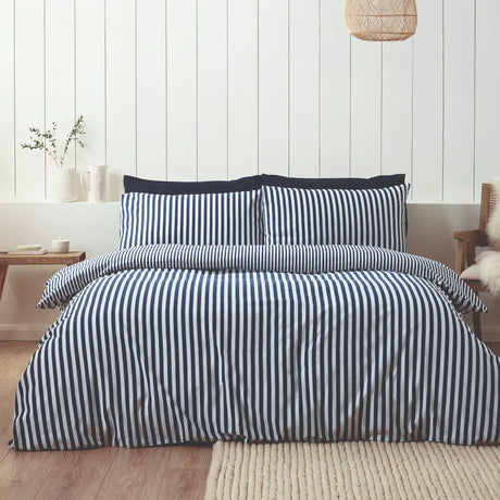 Catherine Lansfield Brushed Stripe Brushed Cotton Flannelette Duvet Cover - Navy Blue