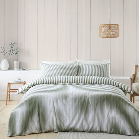 Catherine Lansfield Brushed Stripe Duvet Cover Set Green - Brushed Stripe Duvet Set Green