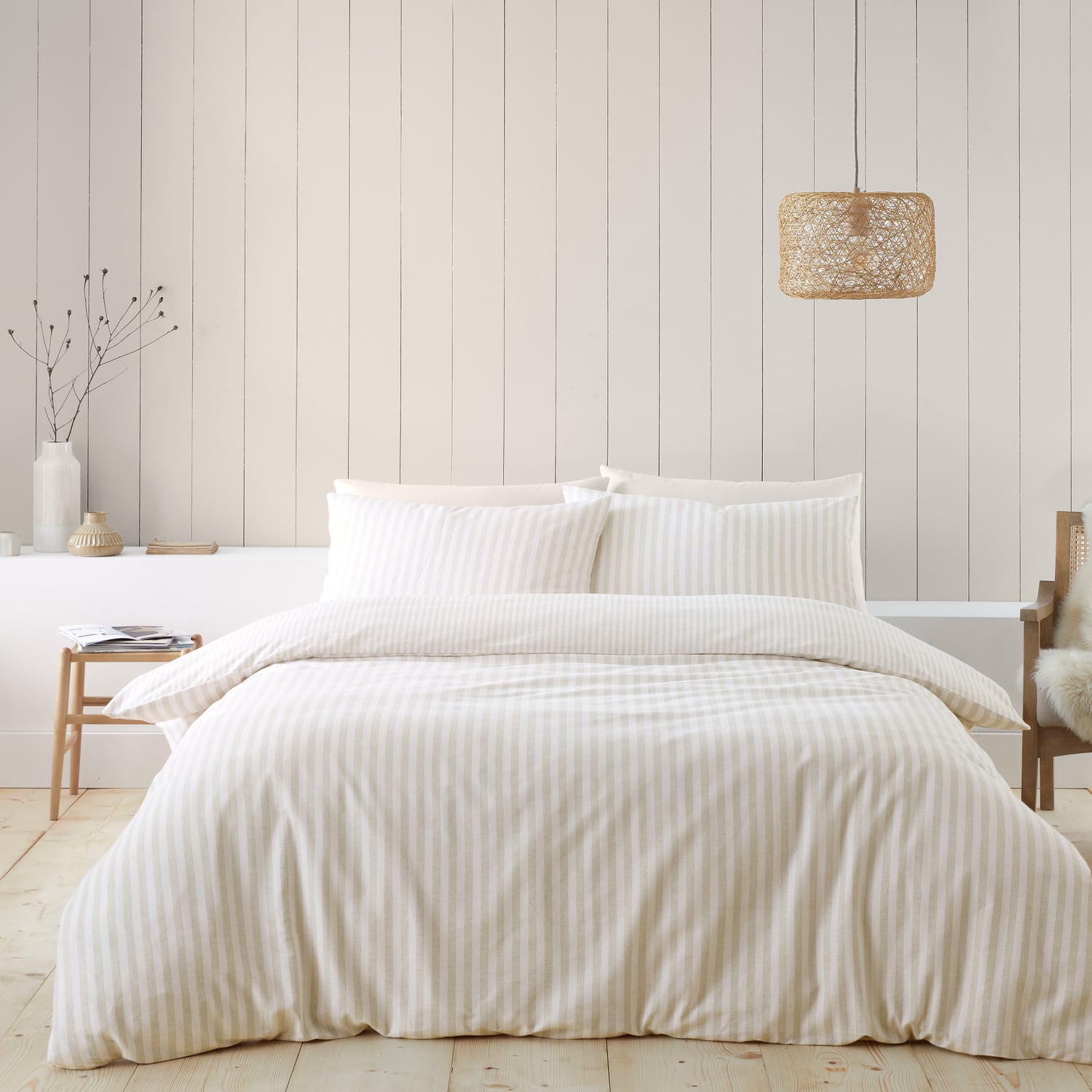 Catherine Lansfield Brushed Stripe Duvet Cover Set Natural