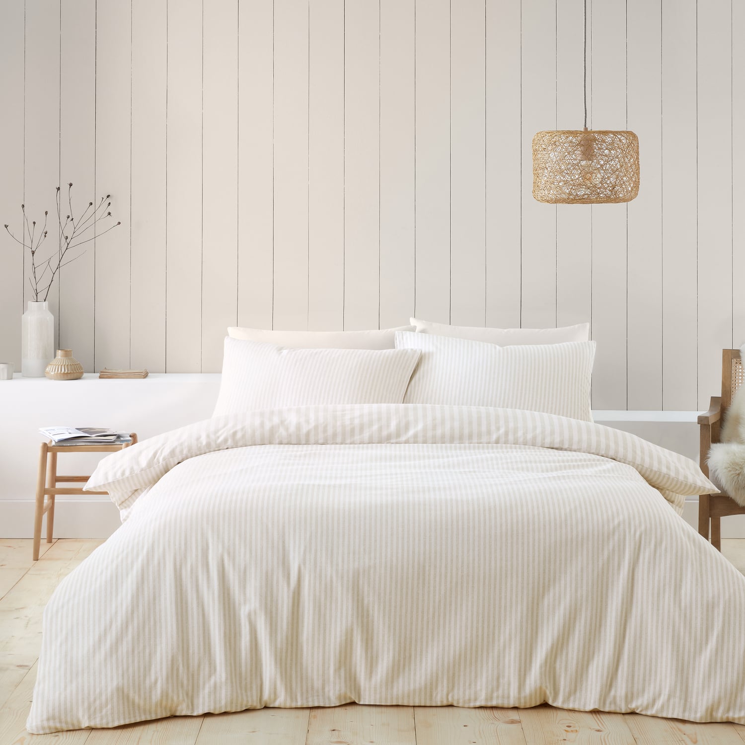 Catherine Lansfield Brushed Stripe Duvet Cover Set Natural - Brushed Stripe Duvet Set Natural