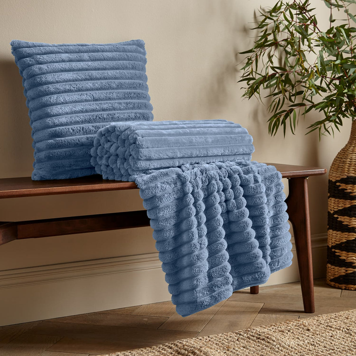 Catherine Lansfield Cosy Ribbed Filled Cushion 45cm x 45cm - Lansfield Blue - Cosy Ribbed Blue Group
