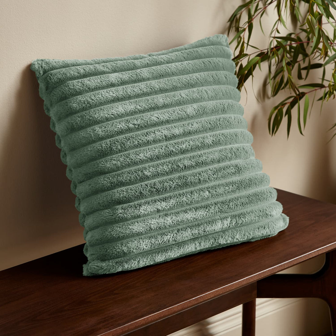 Catherine Lansfield Cosy Ribbed Velvet Green Filled Cushion 45cm x 45cm