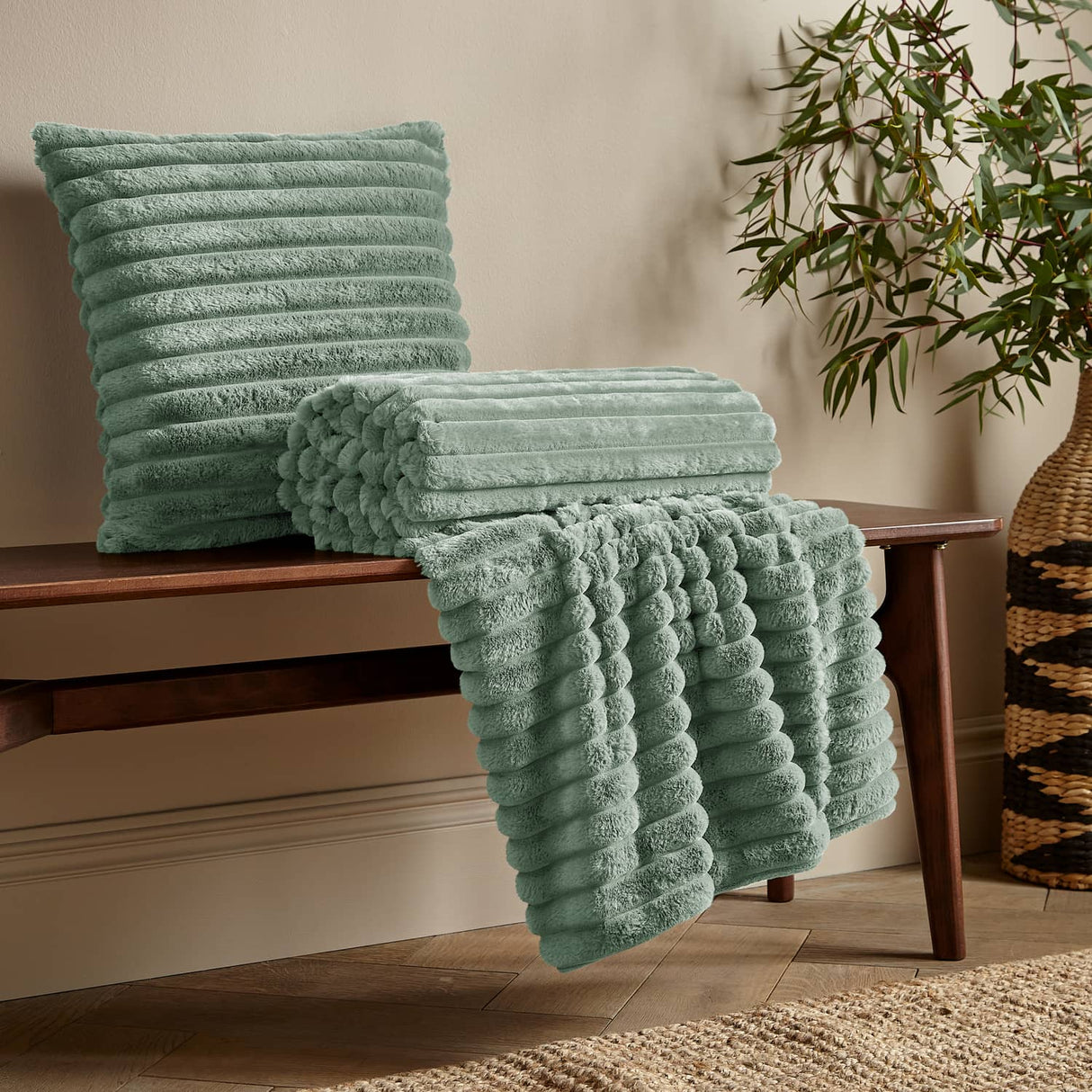 Catherine Lansfield Cosy Ribbed Filled Cushion 45cm x 45cm - Green - Cosy Ribbed Green Group