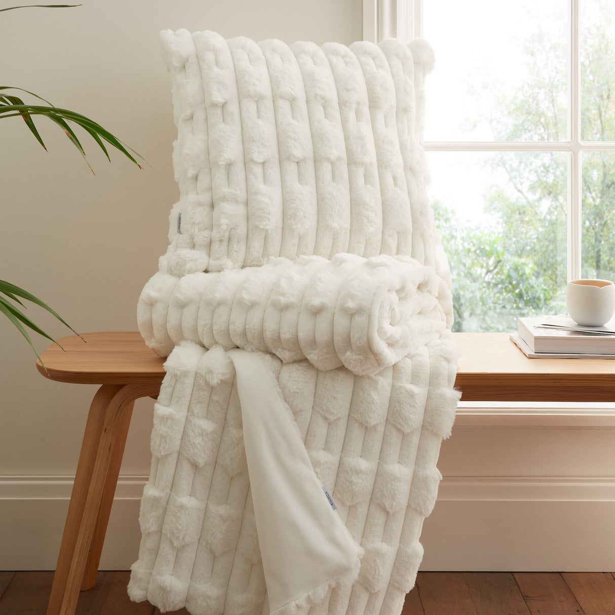 Bianca Carved Faux Fur Filled Cushion 50cm x 50cm - Cream - Carved Faux Fur Cream Group