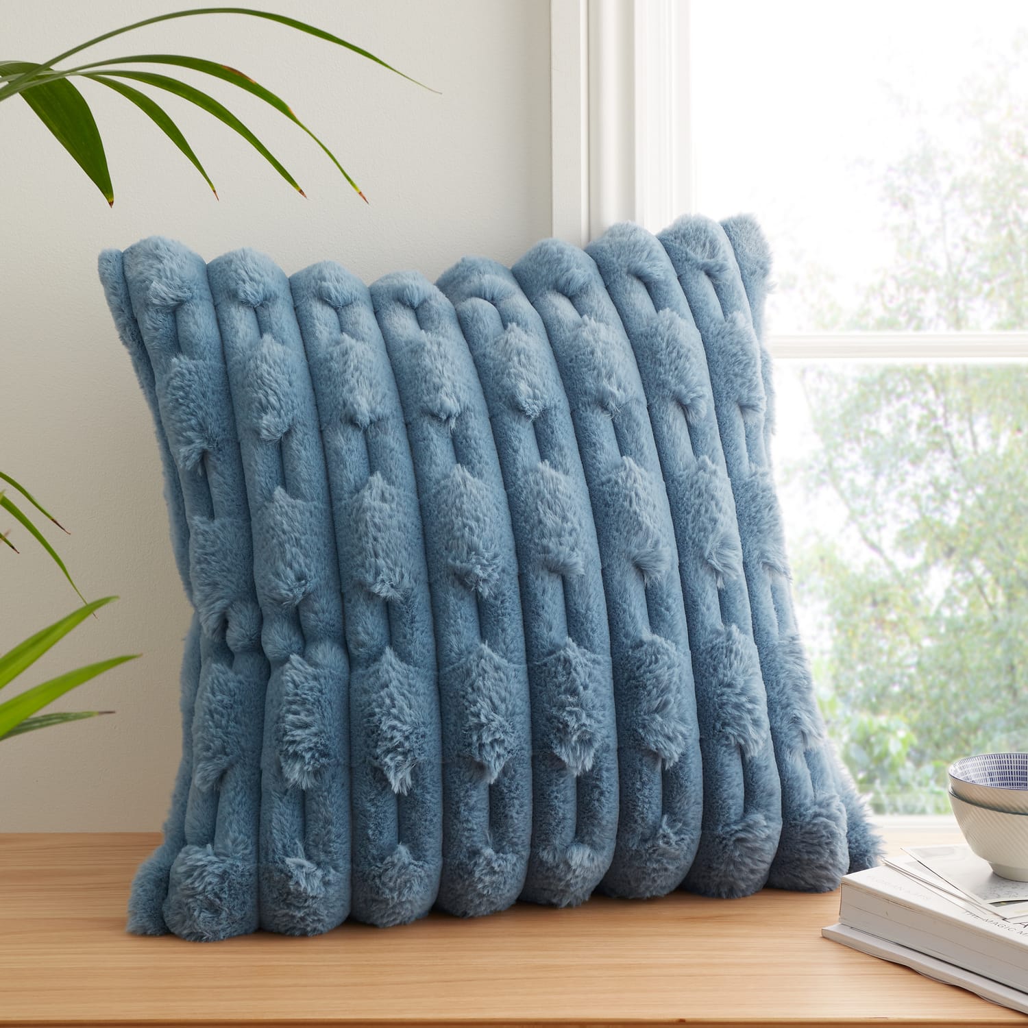 Bianca Carved Faux Fur Filled Cushion 50cm x 50cm - Blue