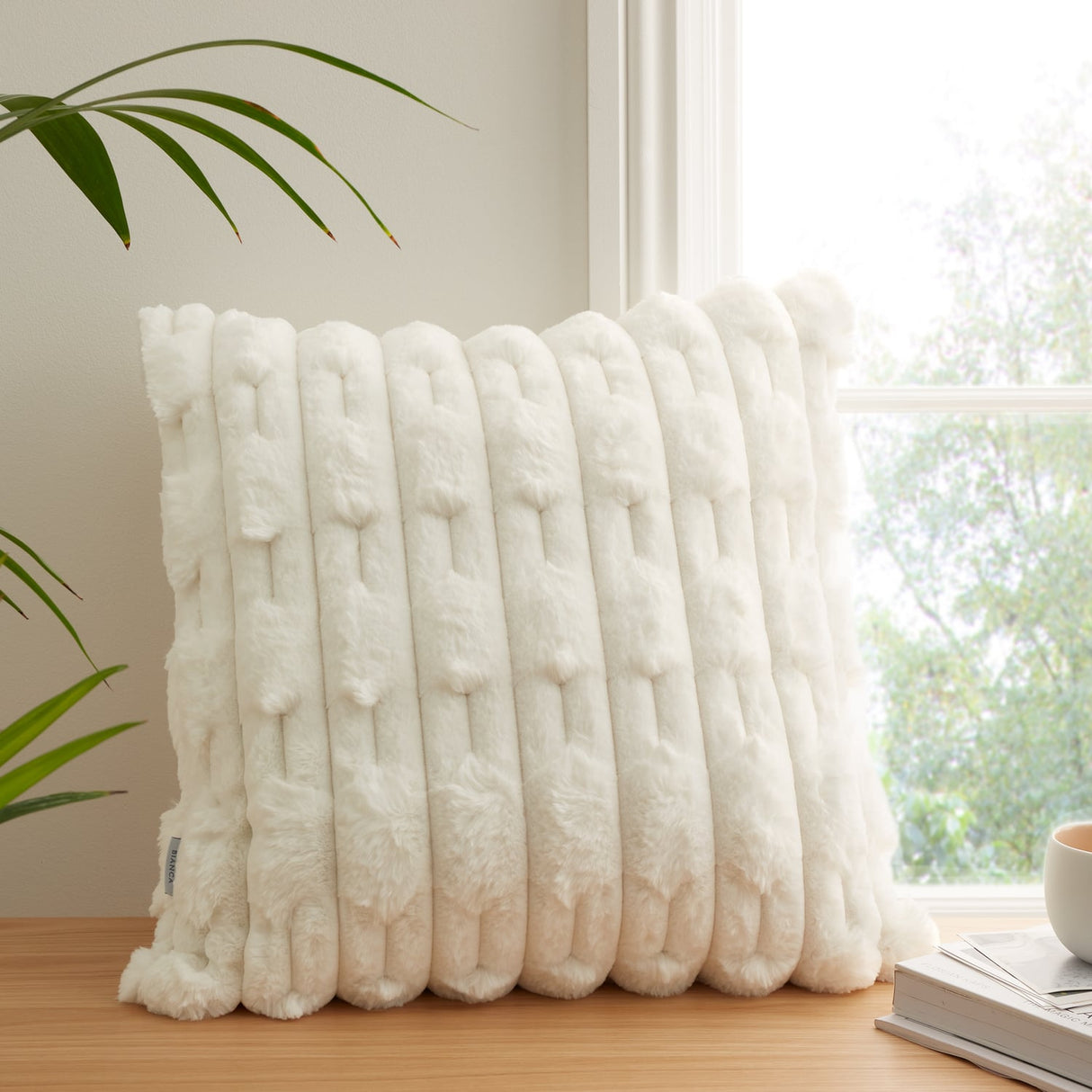Bianca Carved Faux Fur Filled Cushion 50cm x 50cm - Cream