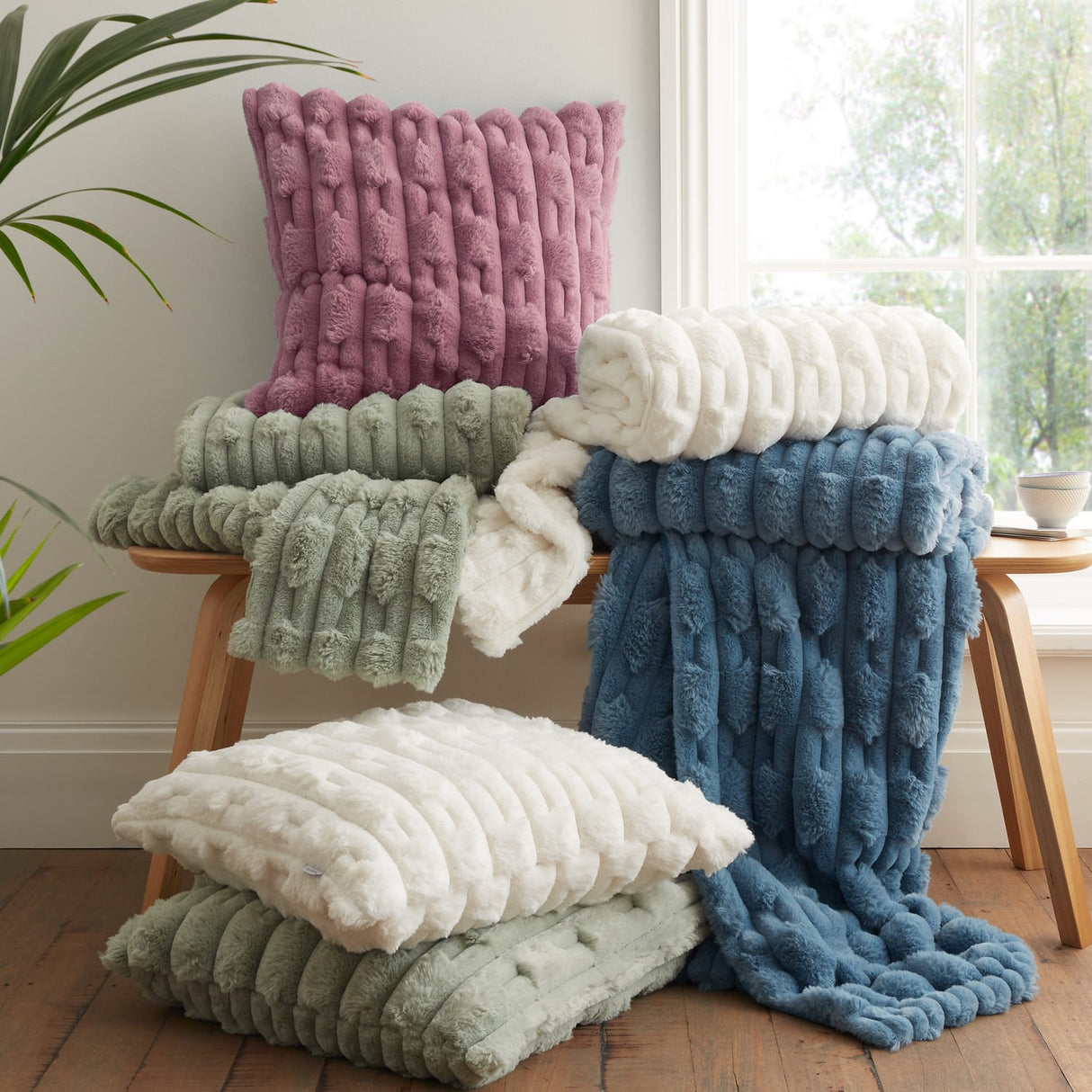 Bianca Carved Faux Fur Filled Cushion 50cm x 50cm - Pink - Carved Faux Fur Group Shot