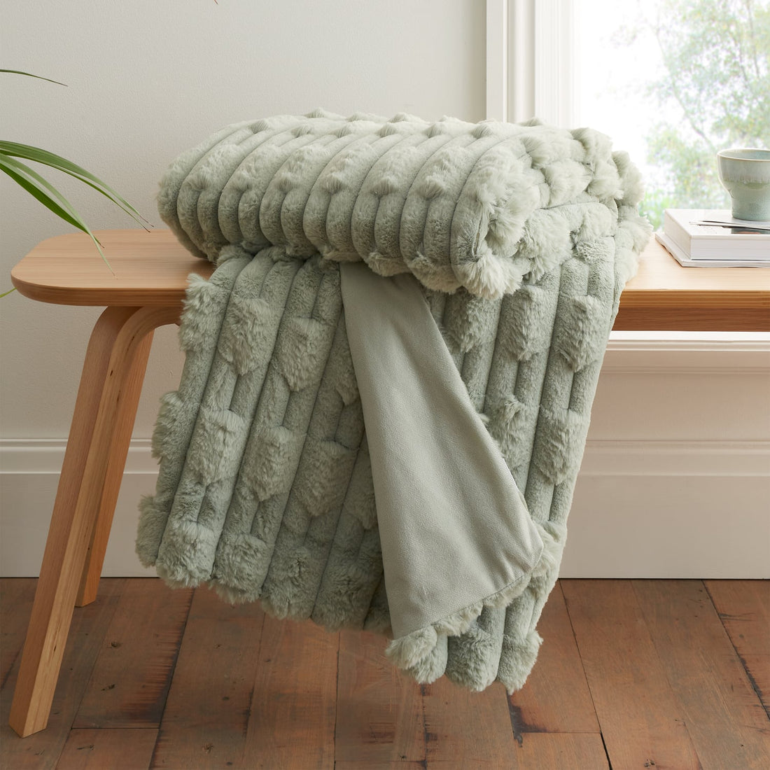 Bianca Fine Linens Carved Faux Fur Sage Thermal Throw Blanket 150cm x 200cm