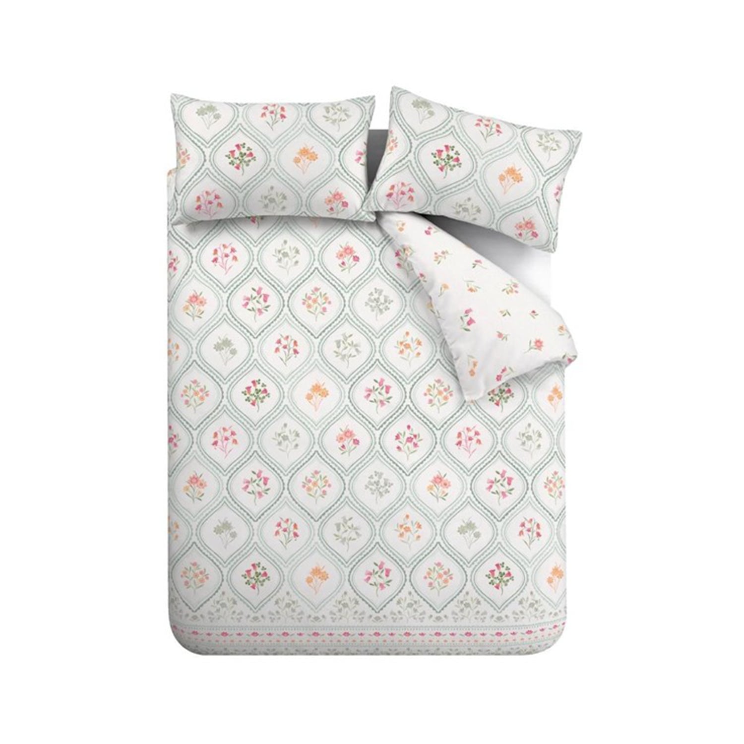 Catherine Lansfield Cameo Floral Soft Green Reversible Duvet Cover Set - Grey - Floral Green Duvet Set