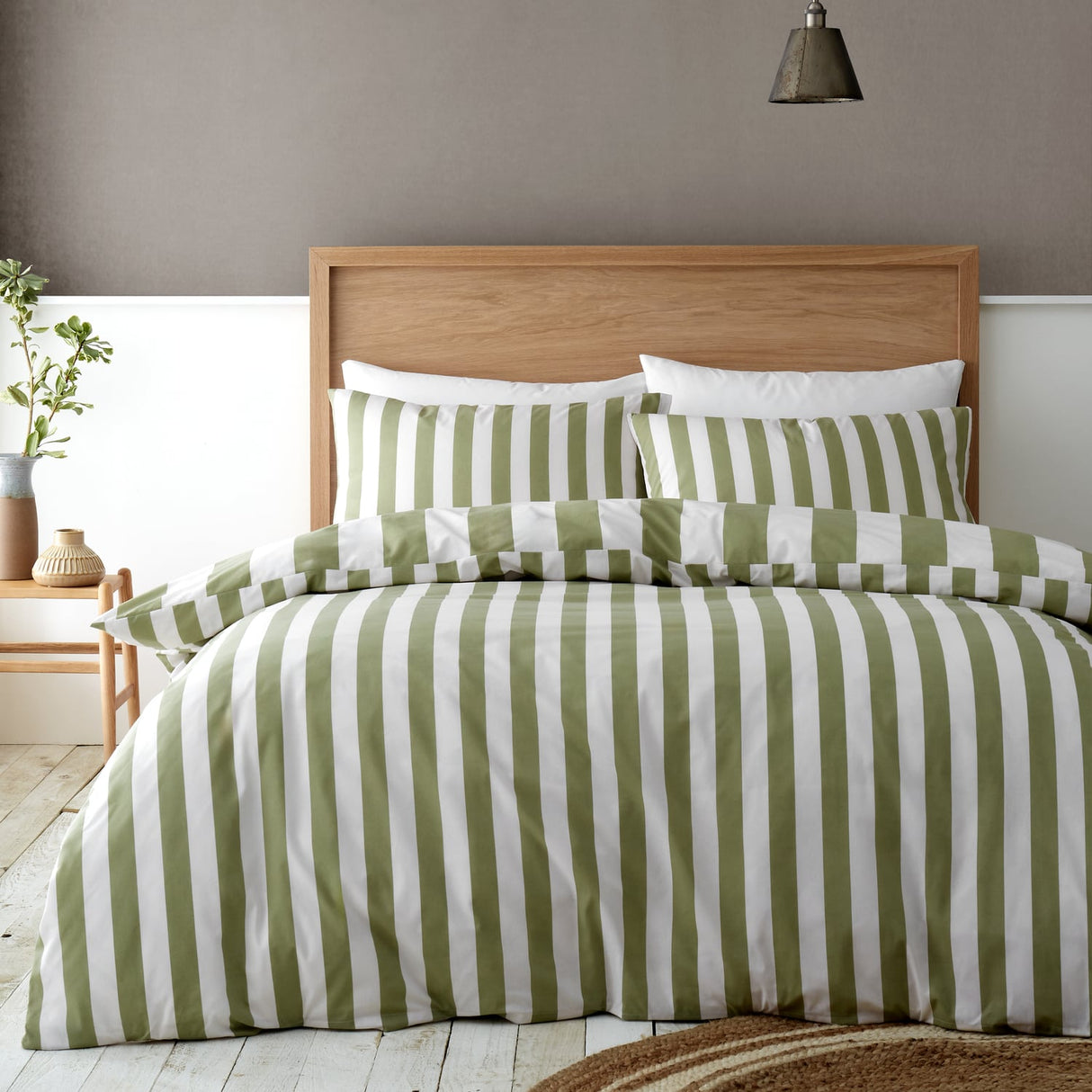 Catherine Lansfield Cove Stripe Green Duvet Cover Bedding Set - Cove Stripe Duvet Set Green