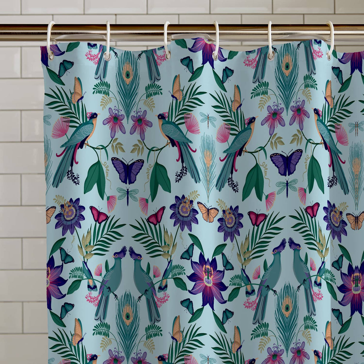 Catherine Lansfield Mya Tropical Bird Duck Egg Blue 180x180cm Shower Curtain - Mya Tropical Bird Shower Curtain