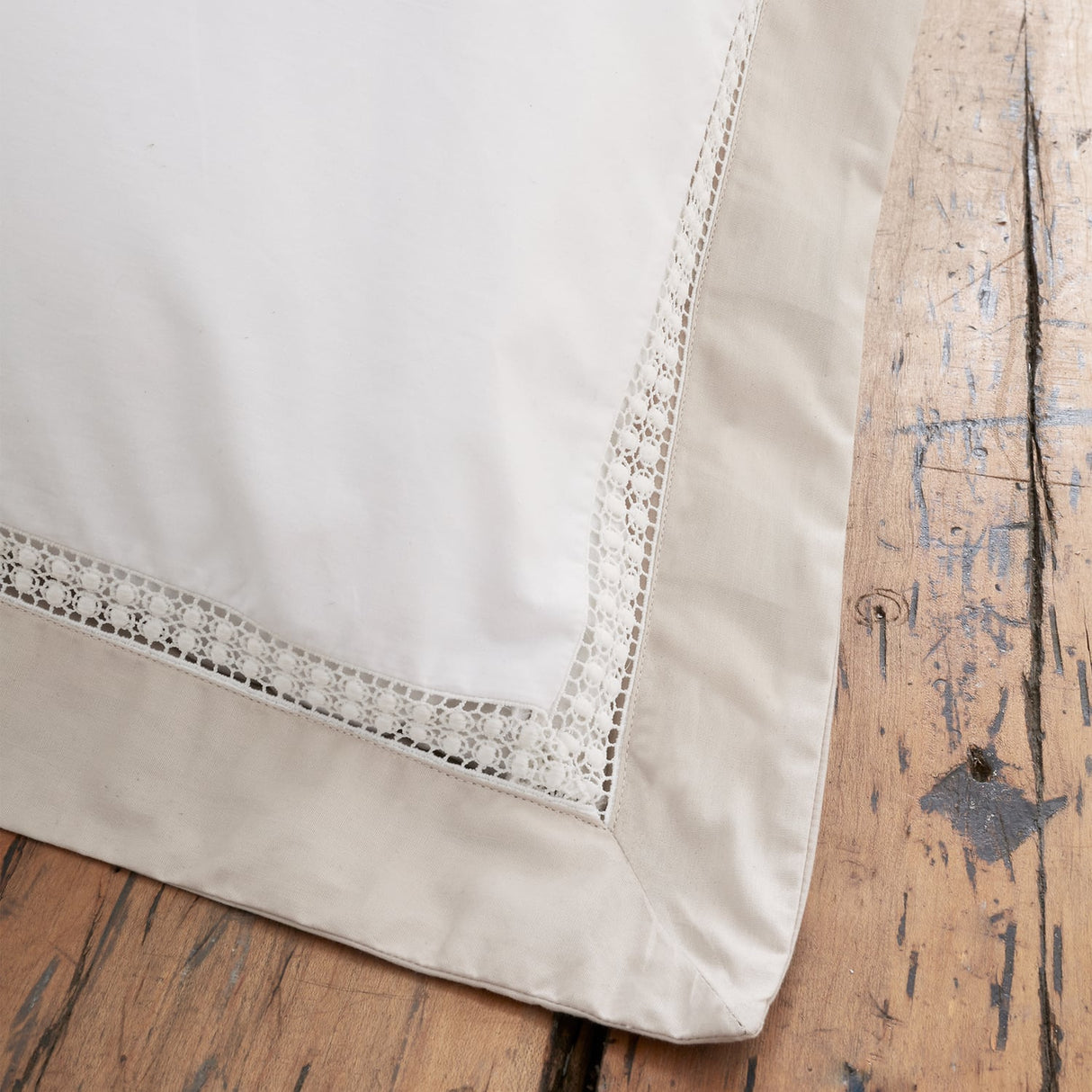 Bianca Oxford Lace Trim Cotton Duvet Cover Set - Natural - Oxford Lace