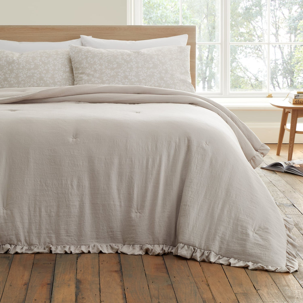 Bianca Soft Washed Frill Bedspread Beige 220cm x 230cm - Soft Washed Frill Bedspread Natural