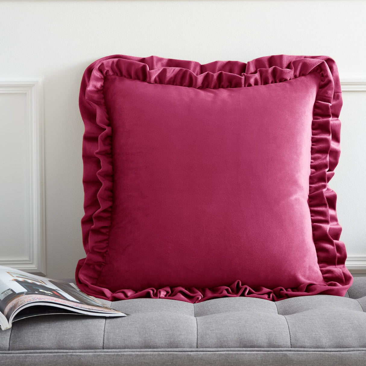 Catherine Lansfield So Soft Double Frill Filled Cushion 43cm x 43cm - Velvet Touch Double Frill Cushion Hot Pink