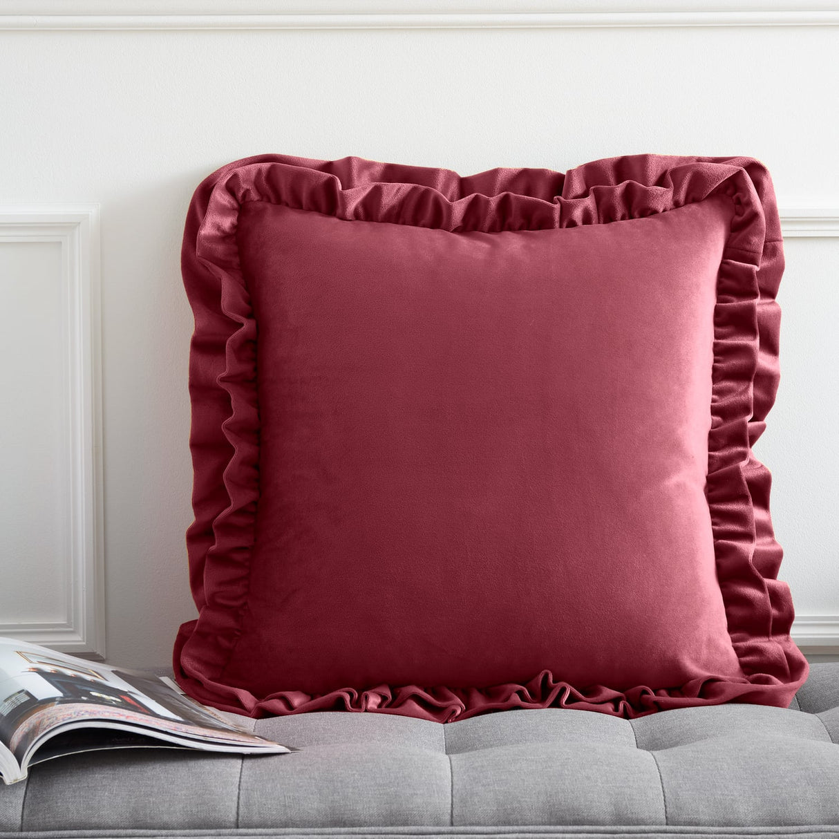 Catherine Lansfield So Soft Double Frill Filled Cushion 43cm x 43cm - Velvet Touch Double Frill Cushion Raspberry