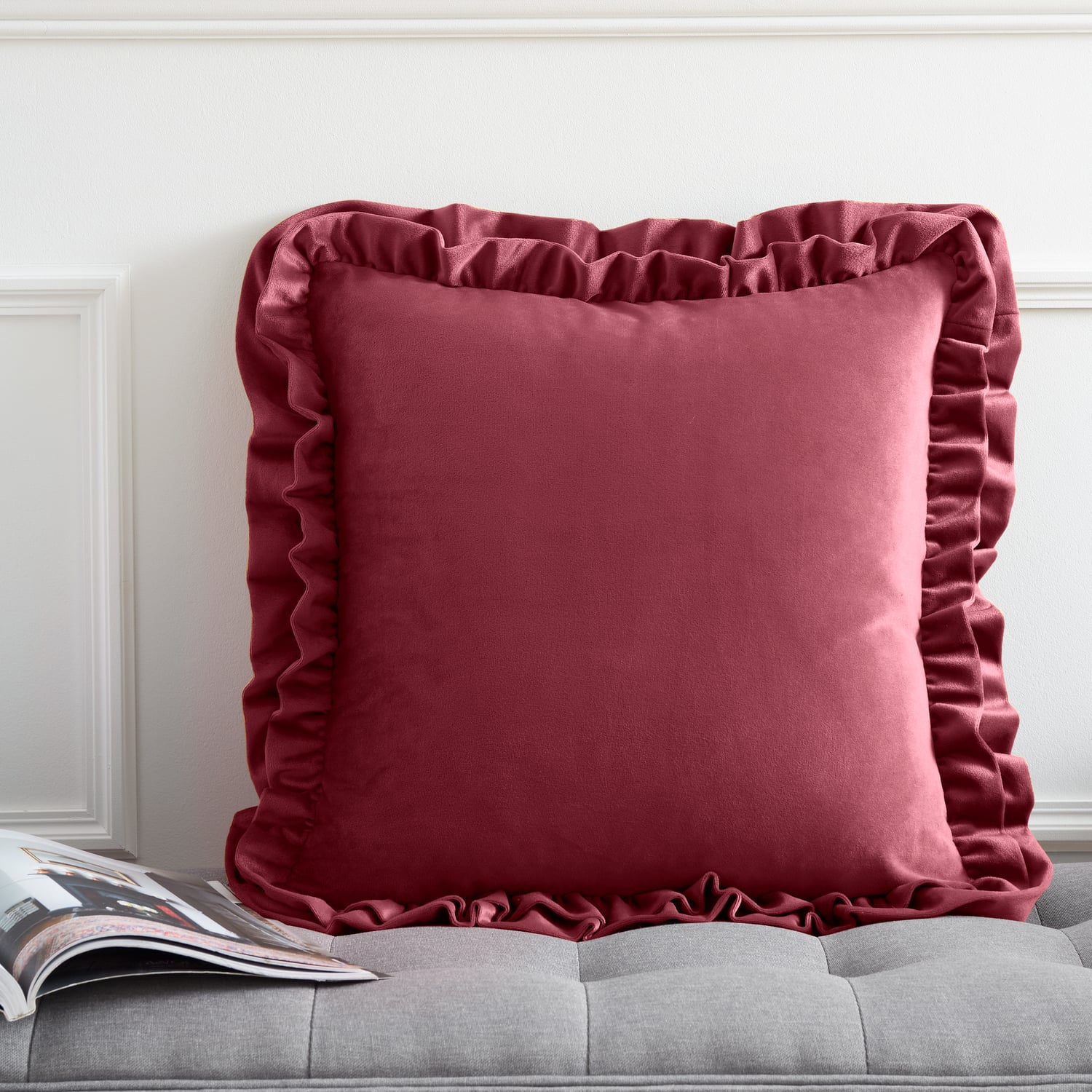 Catherine Lansfield So Soft Double Frill Filled Cushion 43cm x 43cm - Velvet Touch Double Frill Cushion Raspberry
