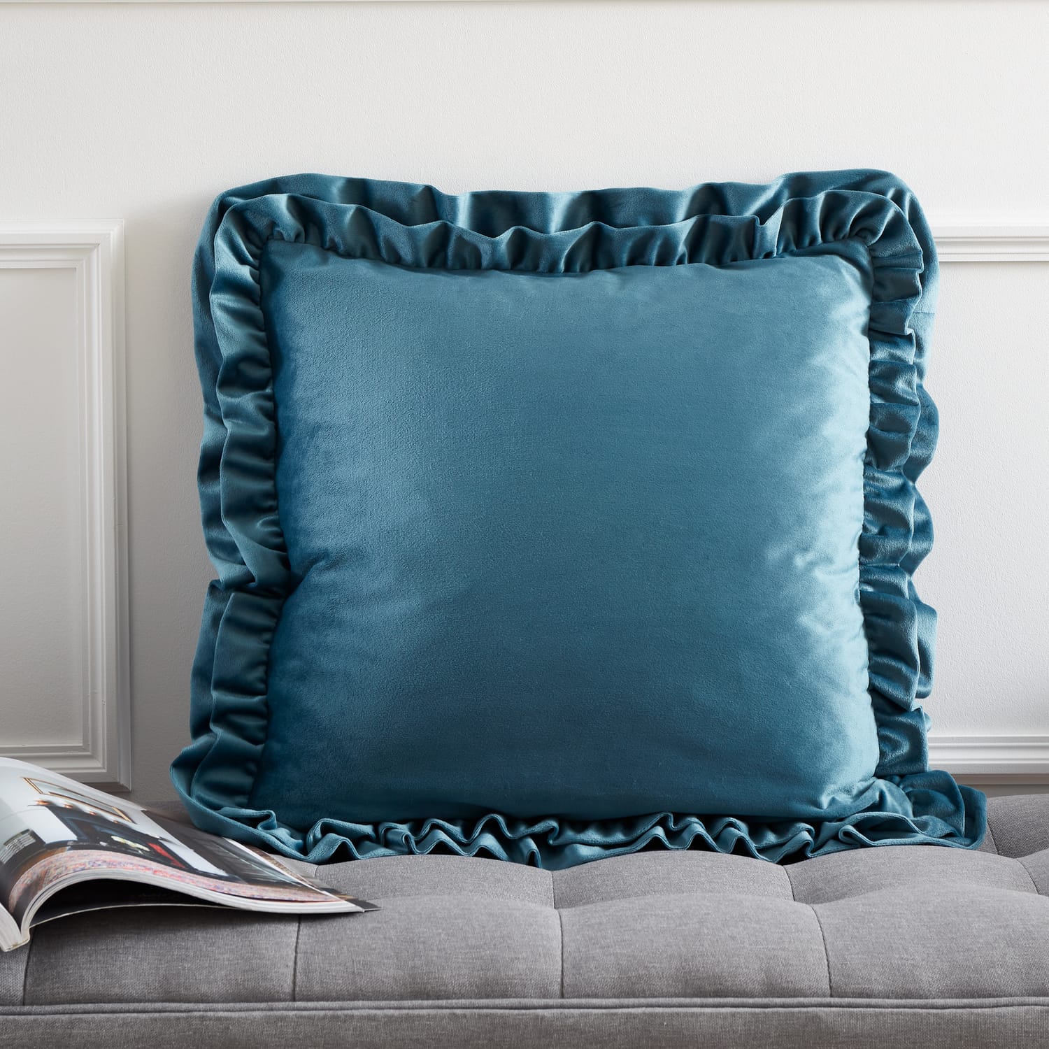 Catherine Lansfield So Soft Double Frill Filled Cushion 43cm x 43cm - Velvet Touch Double Frill Cushion Teal