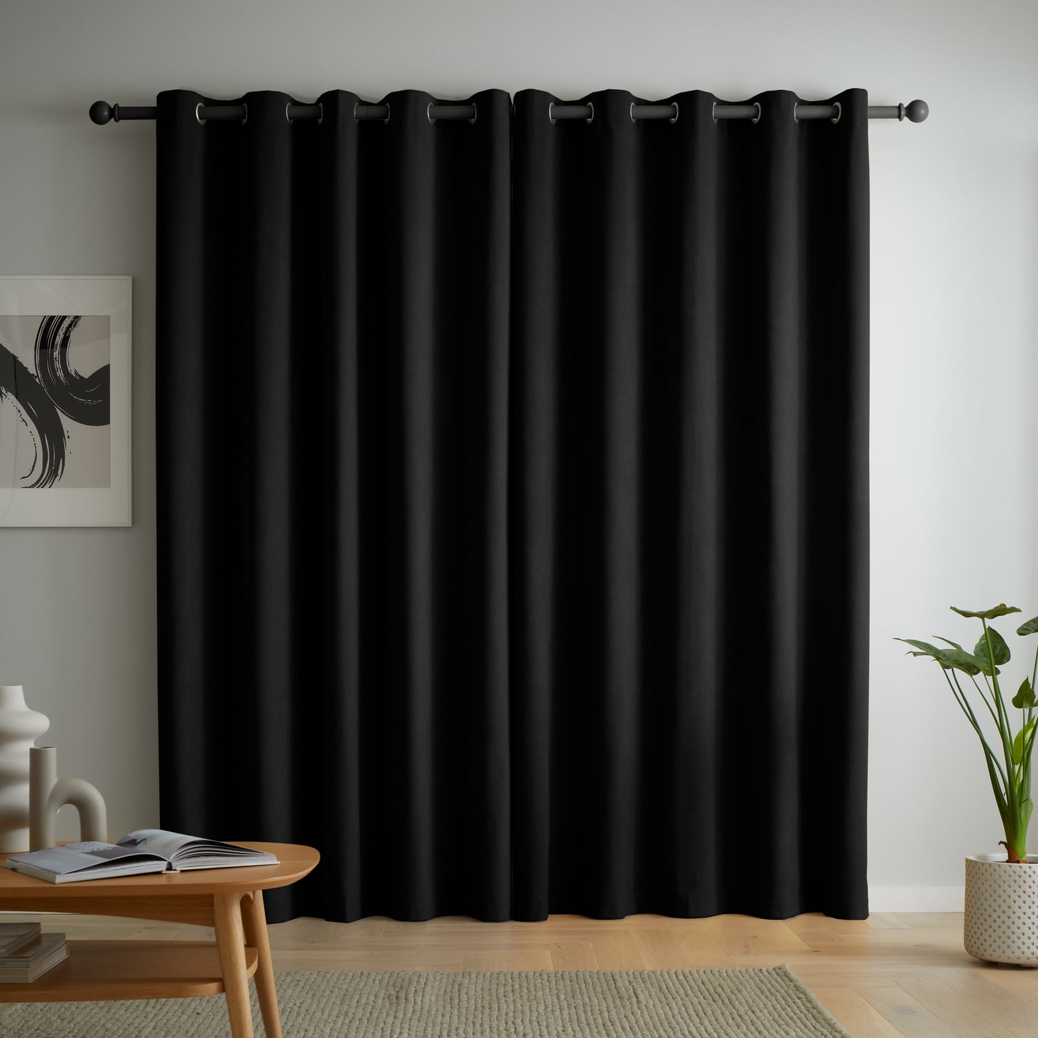 Catherine Lansfield Wilson Blackout Thermal Eyelet Curtains - Black - Wilson Blackout Curtains Black