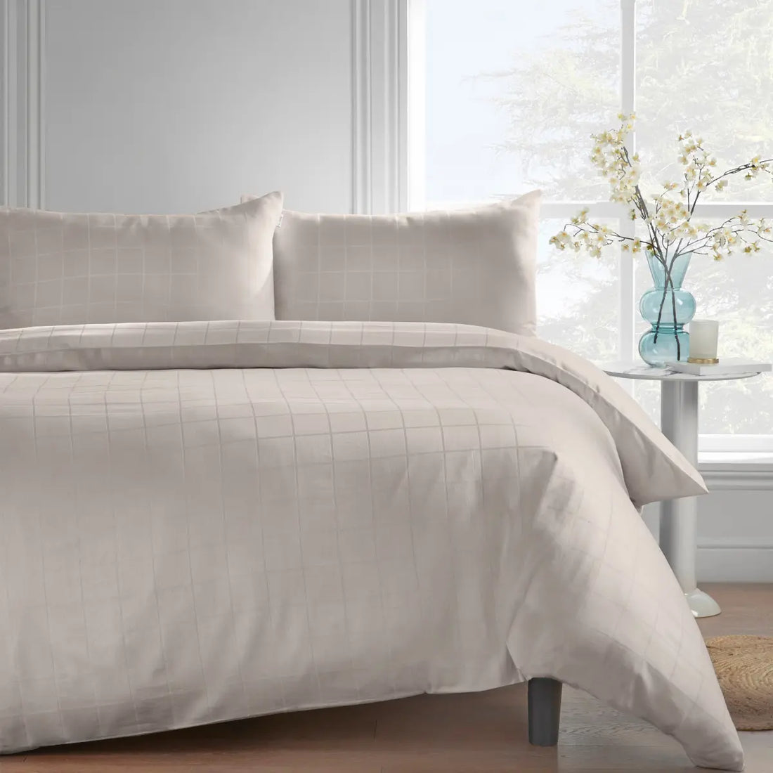 Catherine Lansfield Woven Check 300 Thread Count Duvet Cover Set - Natural