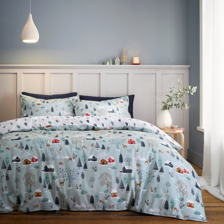 Bianca Winter Scene Reversible Brushed Cotton Duvet Cover Set - Blue