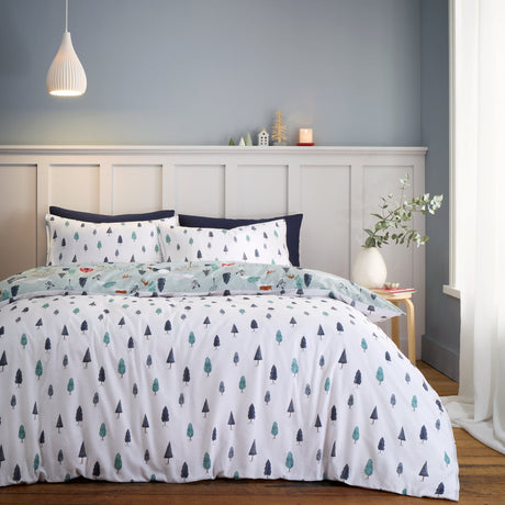 Bianca Winter Scene Reversible Brushed Cotton Duvet Cover Set - Blue - Brushed Winter Scene Duvet Set Blue